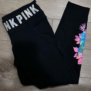 PINK Victoria's Secret Bling Black Leggings with Floral Design